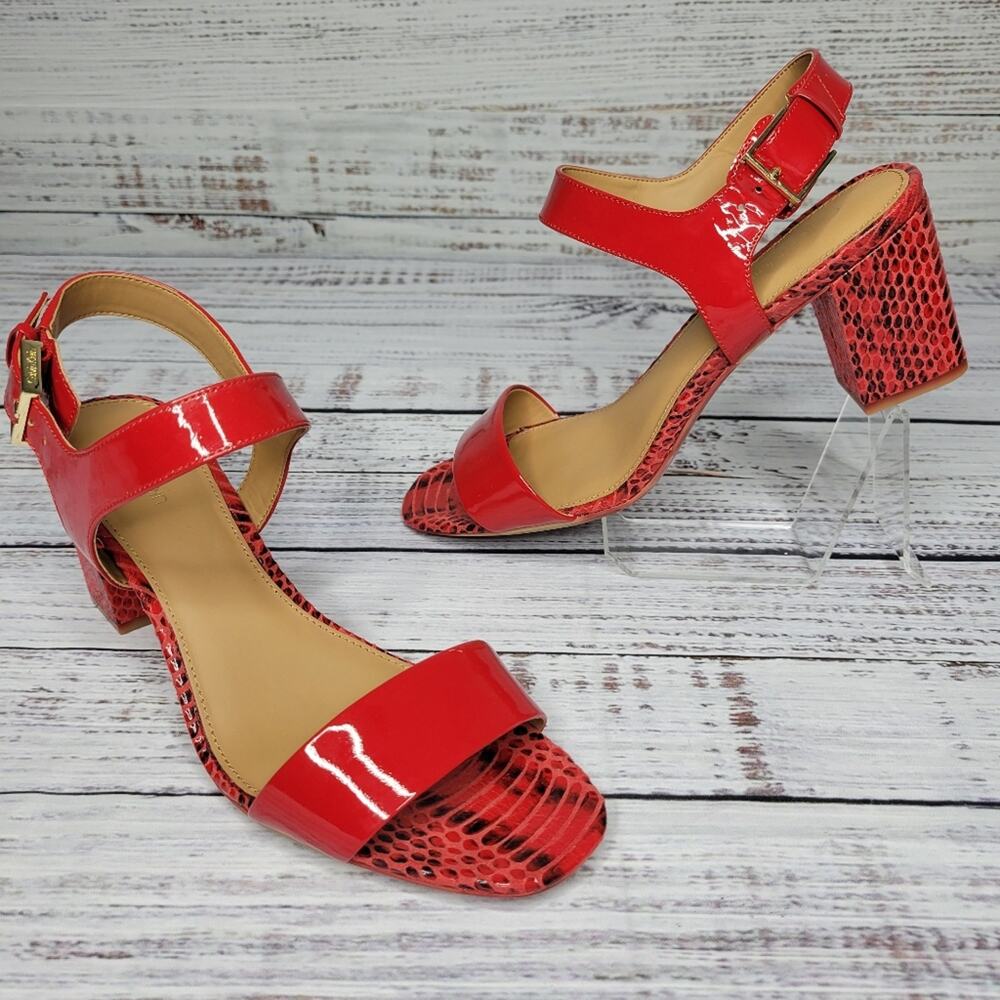 Calvin Klein Cimi Red Patent Open Toe Block Heel Sandals | 8
